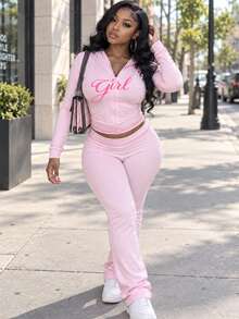 Women's Autumn Street Style Long Sleeve Printed Top & Pants Set, Y2K Elegant Pink Outfit - Pink - View 3