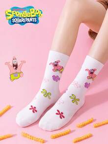 SpongeBob SquarePants 3/1 Pasang Kaos Kaki Wanita SquarePants, Kaos Kaki Setengah Betis Motif Bunga Warna-warni, Menarik, Musim Gugur/Dingin - MultiWarna - View 10