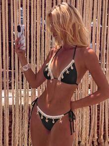 Bikinx Women's Solid Color Satin Ribbon & Shell Decor Triangle Cup Tie Bikini Set, Suitable For Summer Beach Vacation Black - Black - View 10