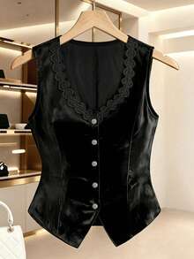 Women's Autumn/Winter Elegant Commute Holiday Inner/Outer Wear High-Quality Solid Color Lace Trim V-Neck Metal Four-Button Fitted Sleeveless Blazer - Black - View 6