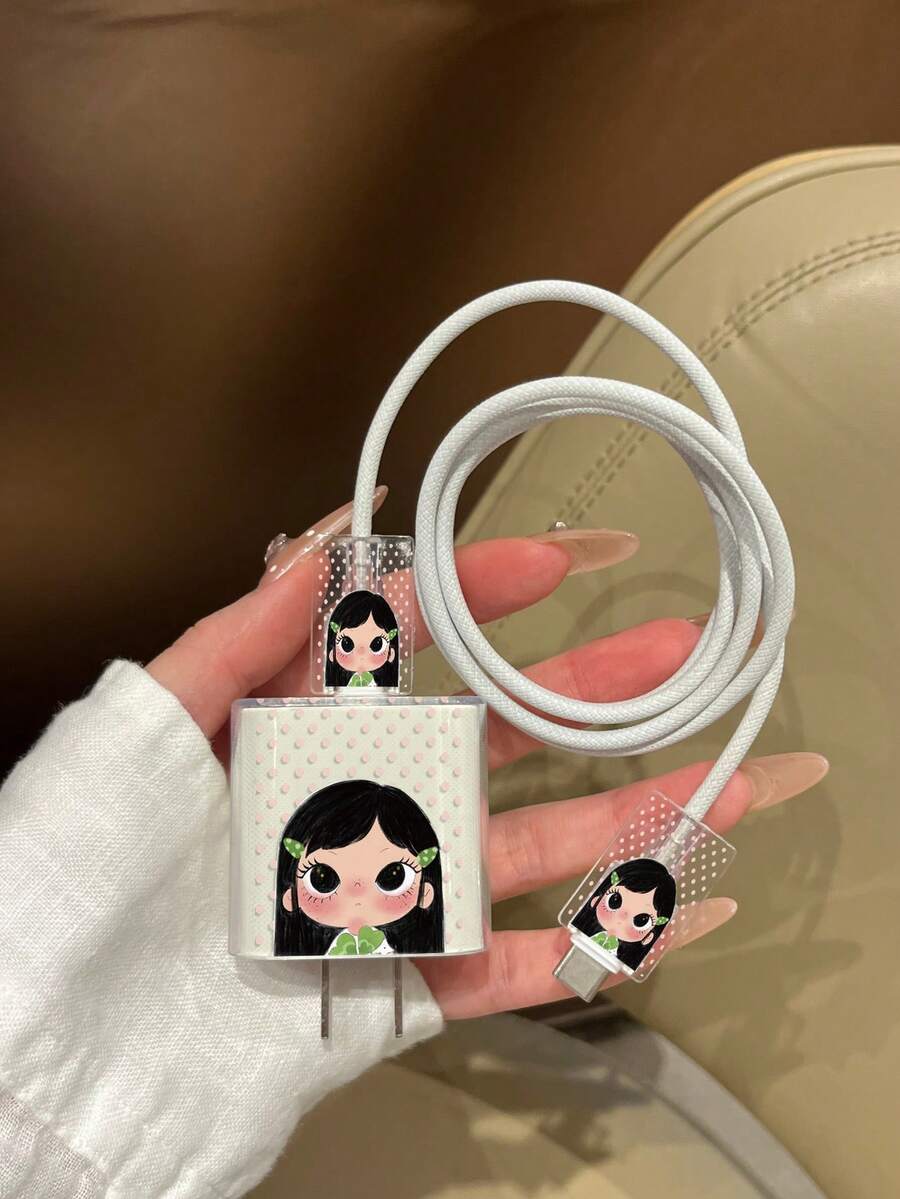 3pcs Set US Standard Charger Head Cable Protector, Fashion Decorative Charger Accessories, Painted Polka Dot And Girl Portrait Pattern. Suitable For 18W/20W Apple Charger Power Adapter, Protective Cover, Transparent Anti-Shatter Cover, Protects Phone And Charger, Cable Protector Cover (Only Protective Cover Sold, Charger And Data Cable For Display Only) - Multicolor - View 1