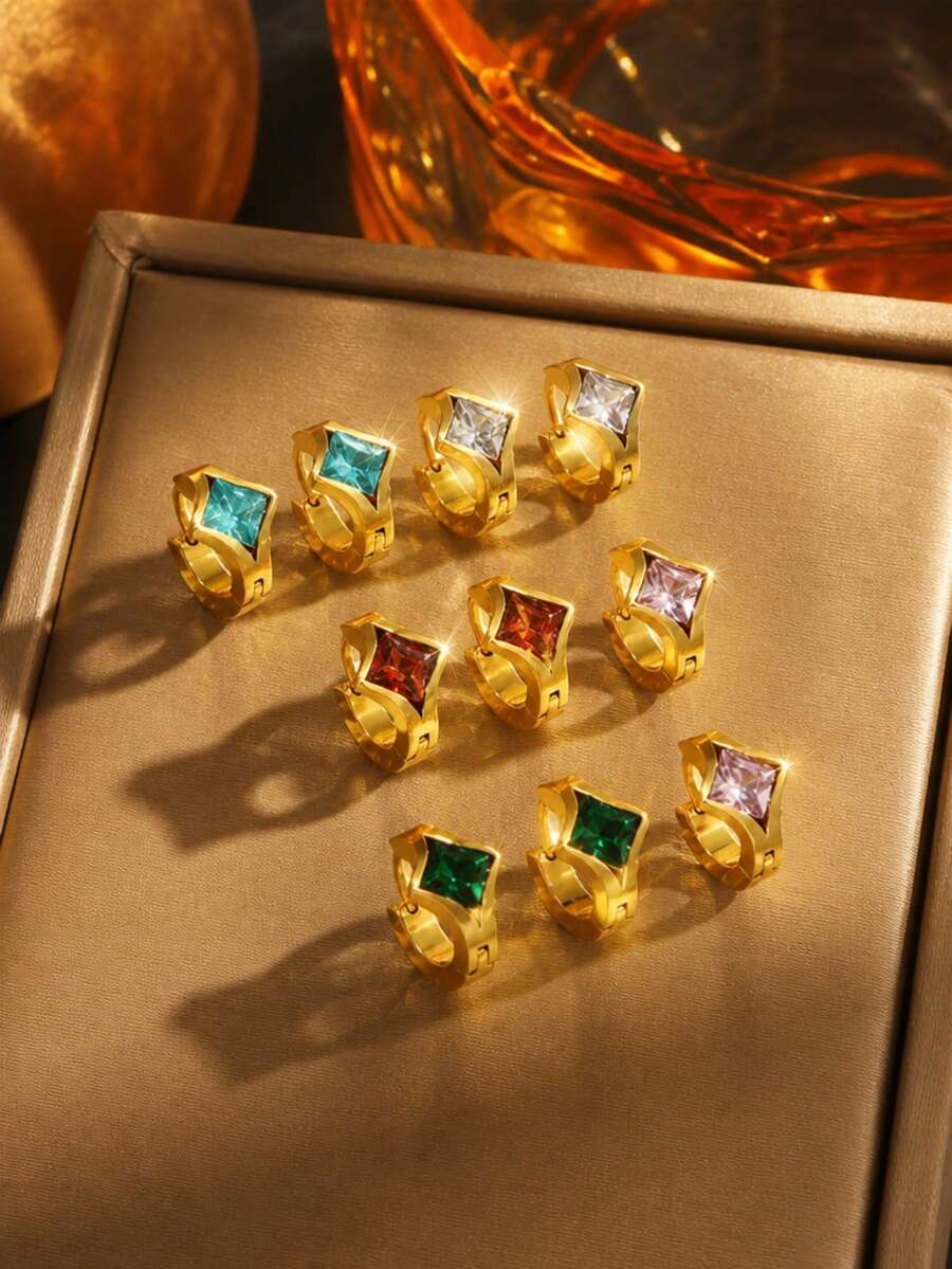1對菱形彩色玻璃裝飾不鏽鋼耳環,適合女性在宴會或日常時尚通勤時佩戴 - 金黃色 - 查看 1
