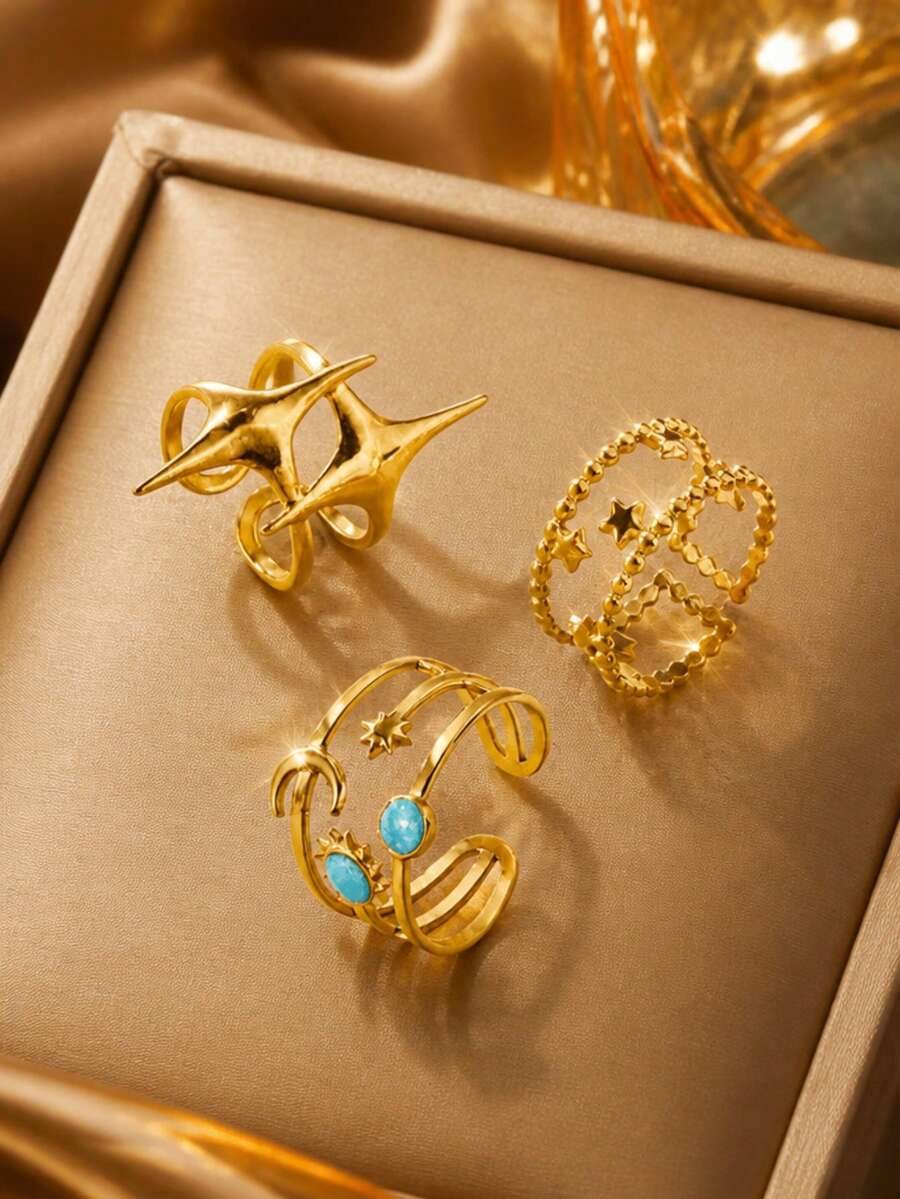 VceTd 1/3PCS Romantic Star & Moon Series Stainless Steel Women's Single Ring, Suitable For Daily Wear Or Vacation - Yellow Gold - View 1