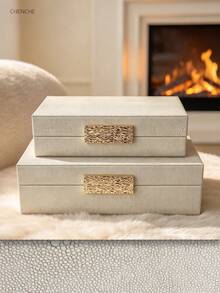 Set Of 2 Large Capacity Stingray Texture PU Leather Jewelry Box With Embossed Gold Rectangular Hardware, Beige Rectangular Luxury Accessory Storage Organizer For Vanity Bedroom Decor Gift - Cognac Brown - View 14