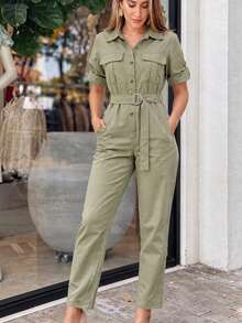 Women's Elegant Casual Solid Color Collared Long Sleeve Cinched Waist Waist Fashion Daily Jumpsuit - Olive Green - View 1