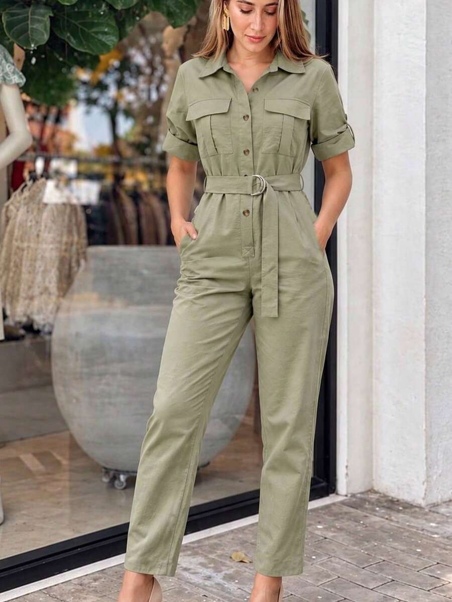 Women's Elegant Casual Solid Color Collared Long Sleeve Cinched Waist Waist Fashion Daily Jumpsuit - Olive Green - View 1