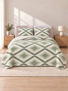 3pcs Sage Green & Cream Pattern Quilted Bedding Set (1 Bedspread, 2 Pillowcases, Pillow Inserts Not Included) Breathable Comfortable All-Season Holiday Gift Suitable For Hotel, Guest House, Bedroom, Ultra Soft Breathable Sweat-Absorbent Bedding - Multicolor - View 8
