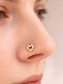 1pc Gold Tone Cubic Zirconia Open Heart L-Shaped Nose Stud, Y2K Style L-Shaped Bent Nose Ring Jewelry For Women - Gold - View 9