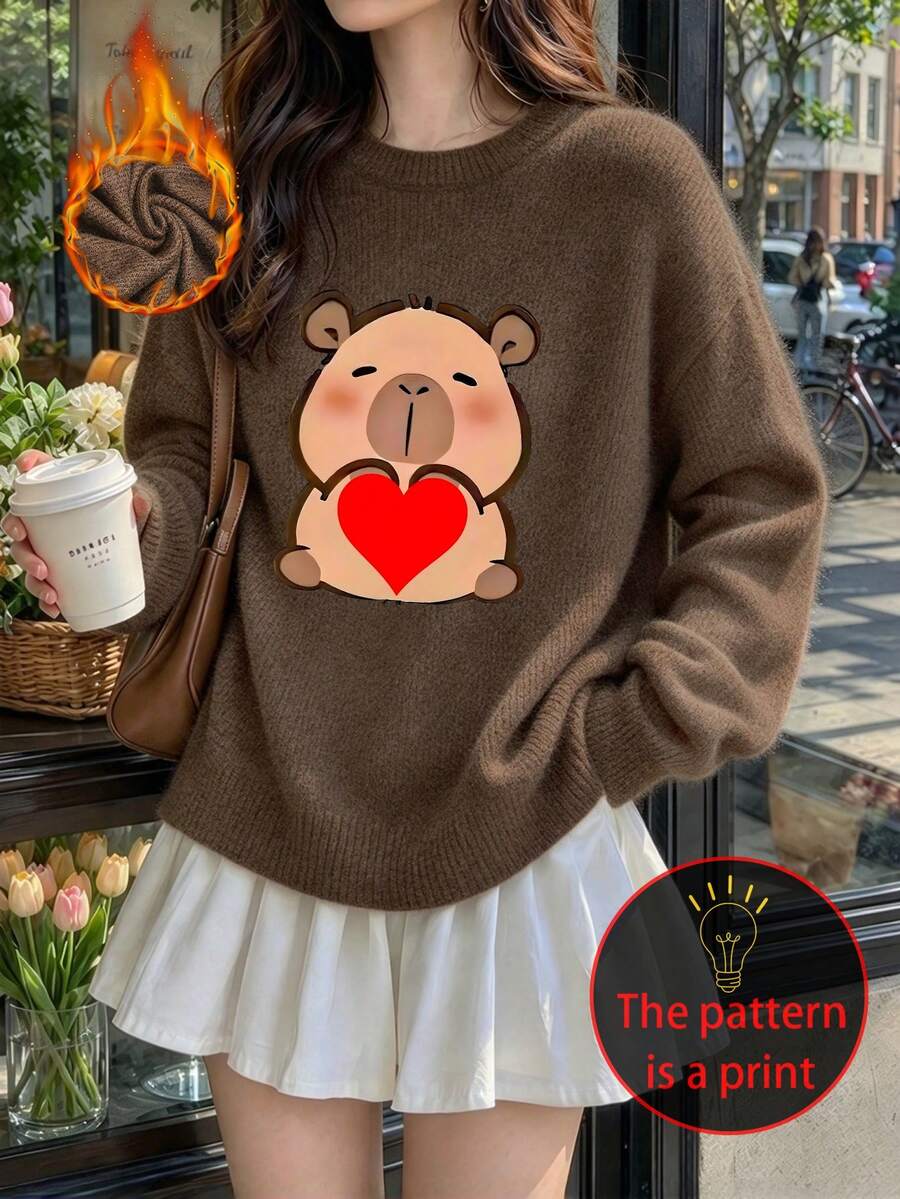 Women's Plus Size Casual Faux Knit Top, Cute Capybara And Heart Print, Round Neck Long Sleeve, Autumn/Winter Top - Brown - View 1