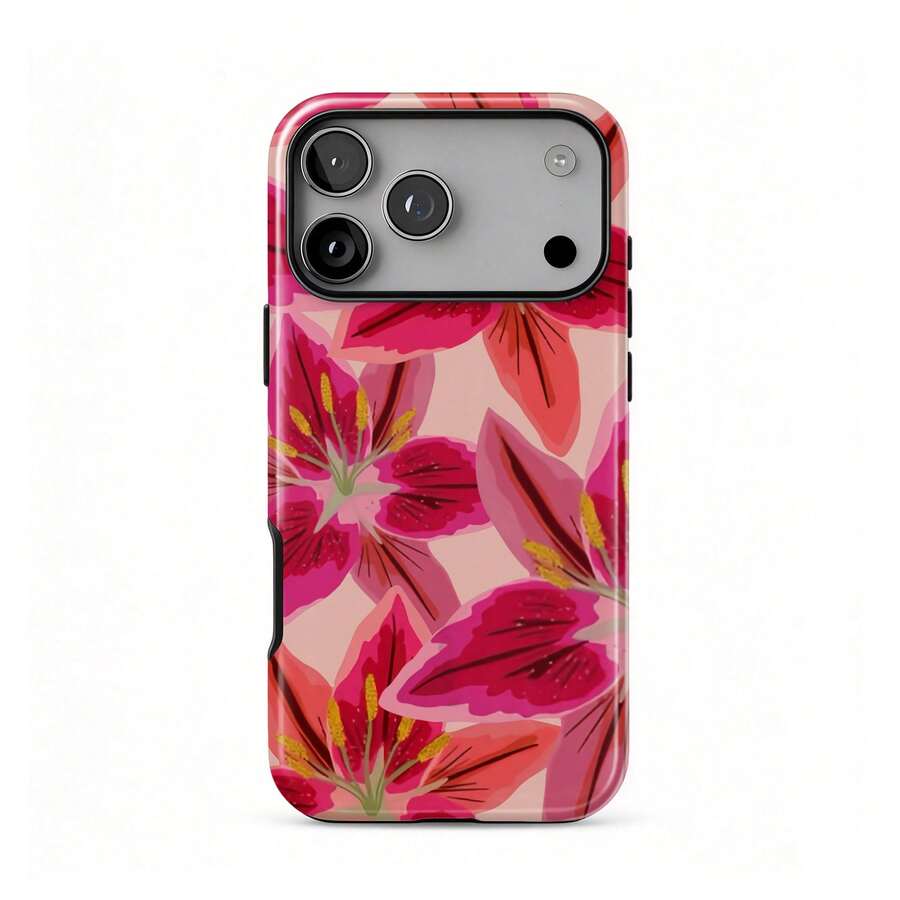 Lily Flower Phone Case, Colorful Abstract Floral Pink Phone Case, Lily Scattered Flower Design Phone Case, Compatible With IPhone 18 17 16 15 14 13 12 11 Pro Max - Red - View 1