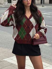 女款復古學院風菱格紋針織開襟衫，V領單排扣寬鬆落肩長袖毛衣，秋冬返校穿搭層次上衣 - 紅色 - 查看 4