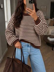 Women's Autumn/Winter Valentine's Day Cute Casual Brown & White Colorblock Striped Pattern Loose Crew Neck Long Sleeve Sweater, Basic Sweater, Business Casual Women's Wear, Autumn Tops, Autumn Sweaters, Women's Winter Clothing, Women's Autumn/Winter Apparel - Multicolor - View 2