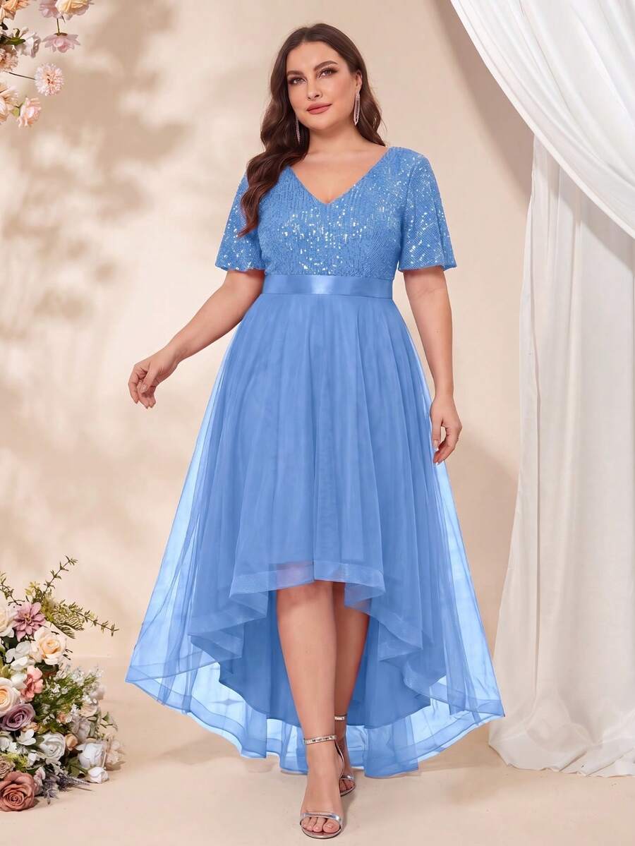 XUCTHHC Plus Size Elegant Party V-Neck Ruffle Sleeve Sequin High-Low Hem Mesh Skirt Formal Ball Gown, Wedding Guest, Cocktail Party, Holiday, Autumn/Winter - Blue - View 1