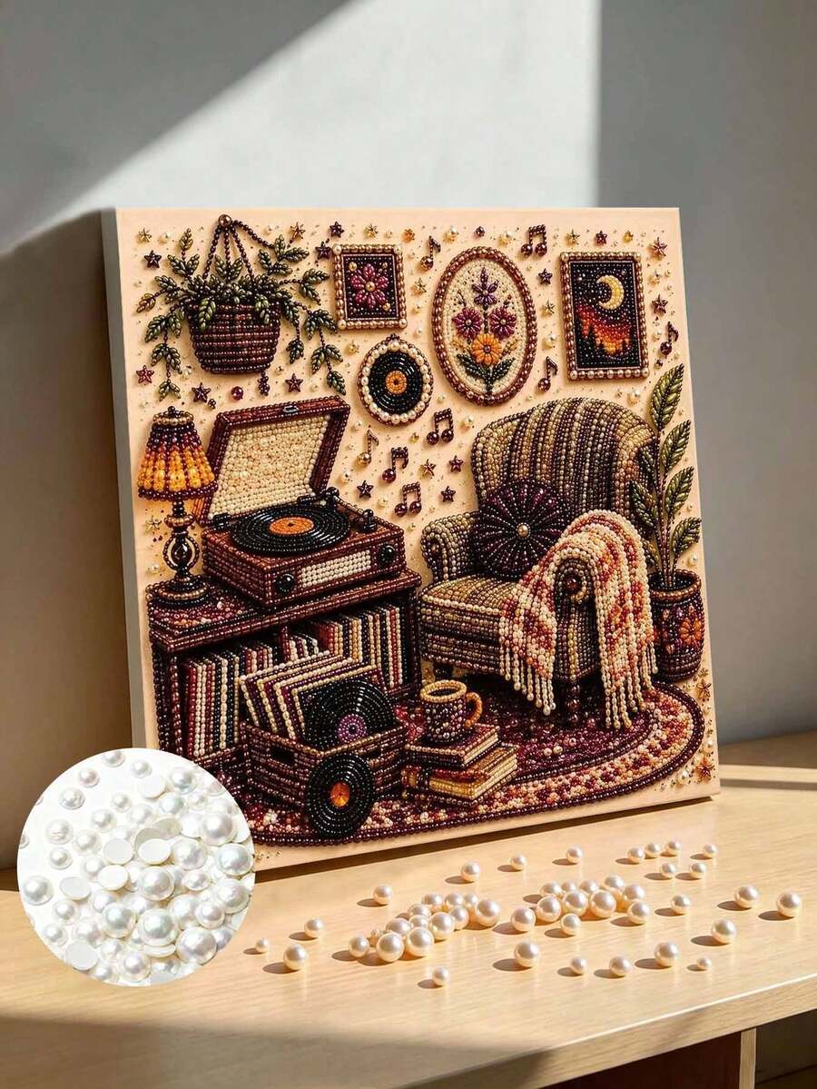 Thanksgiving Vintage Record Player Corner Pearl Art DIY Kit With Frame, Beaded Mosaic Wall Decor - A - View 1