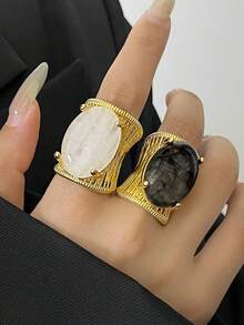 2pcs Exaggerated Fashion Resin Rings Set Suitable For Women's Daily Wear And Party - Yellow Gold - View 7
