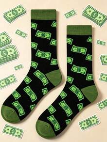 1 Pasang Kaos Kaki Pria Motif Dolar Setinggi Betis, Dasar Hitam dengan Desain Koin Hijau, Elastis dan Nyaman. Gaya Netral, Cocok untuk Semua Musim, Sempurna untuk Pemakaian Sehari-hari dan Sebagai Hadiah. - MultiWarna - View 1