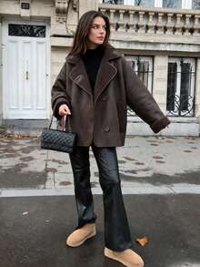 Women's Dark Brown Shearling Aviator Jacket – Oversized Winter Faux Leather Coat - Brown - View 2
