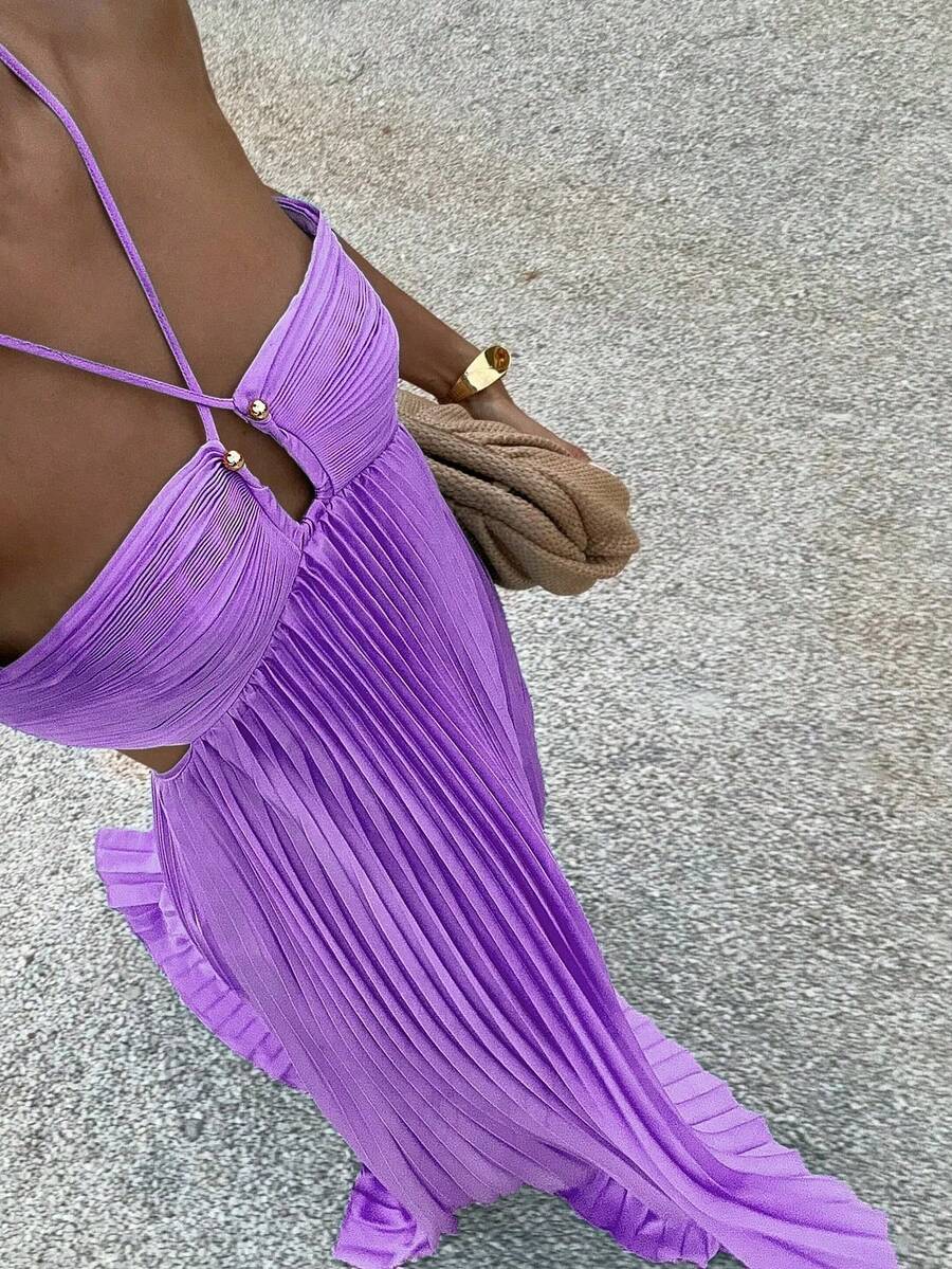 Summer Solid Purple Strapless Ruched Backless Dress | Bohemian Elegant Sexy, Suitable For Date Night, Party And Valentine's Day Wedding Spring Fall - Purple - View 1