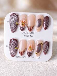 10pcs Handmade Detachable Fake Nails, Red-Brown Autumn French Pointed Nails With Shell Pattern And Water Ripple, Silver Glitter Accents, Handmade 3D Carved Gold Trim, Pearl And Gold Decor, Suitable For Daily Wear, Party, Holiday, Date And Other Occasions - Chocolate Brown - View 2