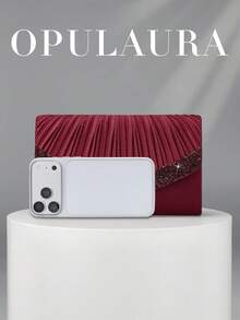 OpulAura 1件裝酒紅色秋冬節日百褶迷你手拿包，閃亮水鑽裝飾，優雅時尚信封式女款手提包，適合派對、婚禮、晚宴、女生聚會，適合作為參加派對、婚禮、畢業典禮、晚宴/晚餐的女性理想禮物 - 酒紅色 - 查看 5