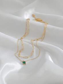 Nooxian 2pcs Fashion Minimalist Collarbone Necklace Multi-Layer Stackable Geometric Square Copper Micro-Inlaid Sparkling Zirconia Pendant Necklace For Women (Chain Link Count Random) - Yellow Gold - View 4