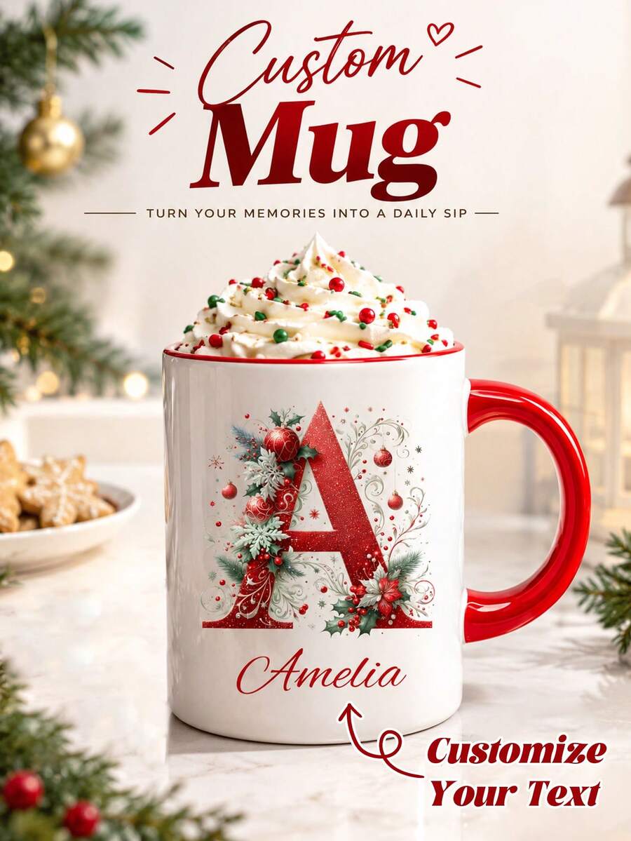 1/2/4pcs Personalized Christmas Mug, Custom Name Or Initial Coffee Mug, Holiday Mug For Coffee, Tea & Hot Chocolate, Christmas Gift For Family, Friends, Couples & Coworkers, Reusable Ceramic Mug