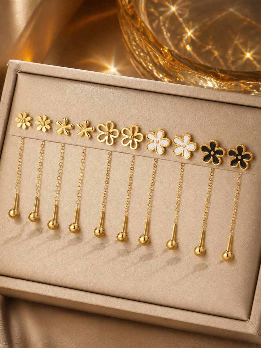 1 Pair Cute Assorted Floral Tassel Stainless Steel Earrings, Suitable For Women To Wear At Parties Or Daily Fashion Outfits - Yellow Gold - View 1