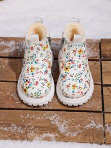 1 Pair New Children's Thermal Lined Floral Ankle Boots, Side Zipper Design Easy To Put On And Take Off, Thick Sole Anti-Slip Warm Soft Bottom Boots For Infants - White - View 7