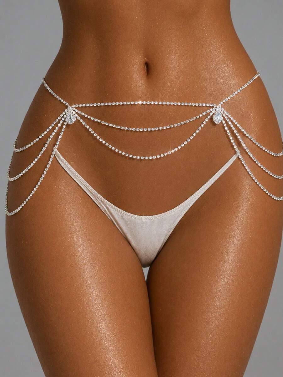 Multi-Layer Shiny Rhinestone Waist Chain Sexy Body Chain Party Dance Accessory Women's Body Jewelry - Silver - View 1
