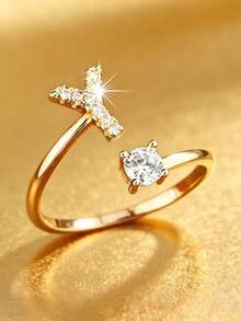 1pc Fashion Copper Plated Niche Luxury Inlaid Shiny Zirconia Ring, 26 Letter Design, Suitable For Women's Daily Wear Creative Minimalist Exquisite Finger Ring - Yellow Gold - View 14