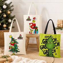 The Grinch Element Print Canvas Tote Bag, Large Capacity Commuter Shoulder Bag - Multicolor - View 3