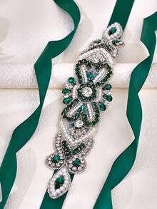 1pc New Design Bridal Waist Belt, Green Rhinestone Wedding Dress Waist Chain, Stage Dress Decorative Belt, Bridesmaid Wedding Accessory - Green Ribbon - View 8