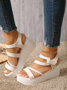 Women's Woven Strap Thick Sole Wedge Sandals, Hook & Loop Open Toe Summer Beach Versatile Sandals - White - View 4
