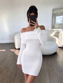 SUNSTORY Women's Autumn Fitted Off-Shoulder Short Knit Dress, Party Gathering Commute Wedding Guest Back To School Dance Christmas - Champagne - View 1