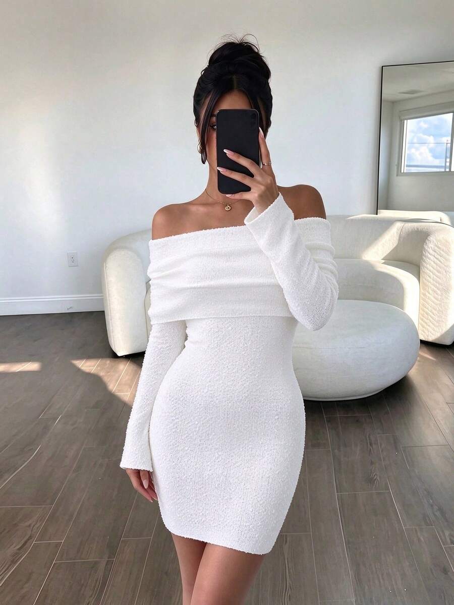 SUNSTORY Women's Autumn Fitted Off-Shoulder Short Knit Dress, Party Gathering Commute Wedding Guest Back To School Dance Christmas - Champagne - View 1