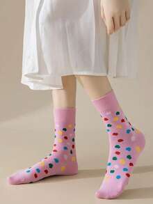 1/3/5/10 Pairs Random Women's Colorful Polka Dot Star Heart Pattern Comfortable Breathable Mid-Calf Socks - Multicolor - View 5