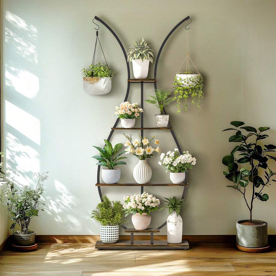 PflanzenstäNder Halter Indoor Holz Desktop Metall Gestell Pflanzenregal 5-Tier HöLzern Blumenregal Pflanzentreppe Indoor Zimmerecke Wohnzimmer Balkon Terrasse - Standard - Übersicht 1