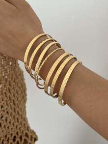 7pcs Vintage Fashion Old Money Style Golden Heart Ribbed Open Cuff Bracelet Set, Suitable For Women's Daily, Vacation, Holiday Wear - Yellow Gold - View 3