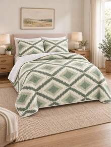 3pcs Sage Green & Cream Pattern Quilted Bedding Set (1 Bedspread, 2 Pillowcases, Pillow Inserts Not Included) Breathable Comfortable All-Season Holiday Gift Suitable For Hotel, Guest House, Bedroom, Ultra Soft Breathable Sweat-Absorbent Bedding - Multicolor - View 6