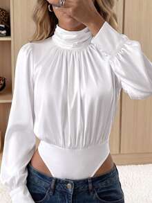 White Satin Ruched Stand Collar Bodysuit Top For Women, Gathered Stand Collar Lantern Long Sleeve Satin Blouse Bodysuit - White - View 5