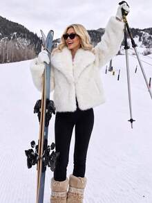 Women's Winter Solid Color Faux Fur Coat, Large Lapel Open Front Loose Thickened Plush Jacket - White - View 3