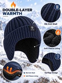 Mũ len dệt unisex lót nỉ có che tai, mũ beanie mùa đông gân dày, mũ skull cap xắn gấu chống gió giữ ấm, phù hợp cho thể thao ngoài trời - Nhiều màu - Xem 6