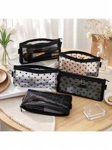 Black Transparent Mesh Makeup Bag, Heart And Polka Dot Pattern, Zippered Slim Makeup Storage Bag, Portable Travel Makeup Organizer, Suitable For Brushes, Lipsticks And Mini Beauty Essentials - Multicolor - View 2