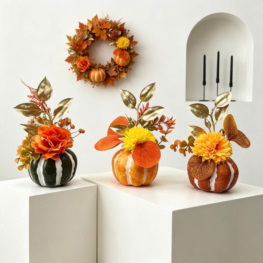1PC Artificial Pumpkin Potted Plant, Christmas Thanksgiving Valentine's Day Autumn Harvest Decorative Potted Plant, Home Desktop Decor Potted Plant. - Pumpkin Style - View 1