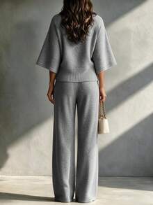 Women's Gray Crew Neck Raglan Three Quarter Sleeve Knit Sweater & Drawstring Wide Leg Pants Two Pieces Set, Casual Cozy Fall Winter Daily Wear - Grey - View 8