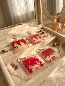 1pc/4pcs Cute Aesthetic Acrylic Keychains, Minimalist Face Close-Up Series Including Classic Red Hair Pink Blush Surprised Face, Pink Hair With Microphone Dazed Cute Face, Double Drill Curly Hair Blank Expression And Red Hair Shadow Face Awkward/Sweating Expression Square Pattern Pendant, Backpack And Car Key Accessories, Exquisite Collection, Suitable For All Seasons - Multicolor - View 3