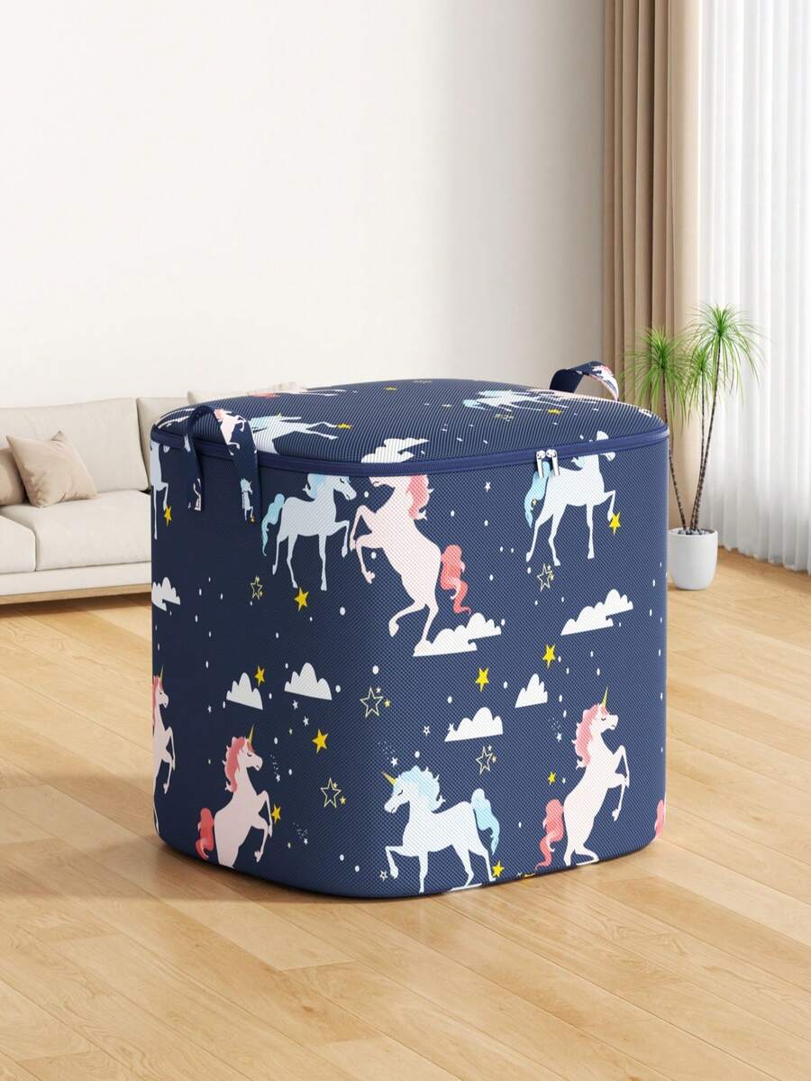 1PC Large-Capacity Unicorn Print Storage Bag, Foldable Fabric Storage Box, Dual Metal Zippers + Reinforced Handles, Foldable Organizer Bag For Clothes, Blankets, And Bedding, Suitable For Home Bedroom, Wardrobe, Moving, And College Dormitory Storage - Multicolor - View 1