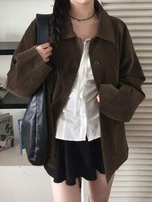 Vintage Suede Lapel Retro Workwear Long Sleeve Casual Jacket - Brown - View 2