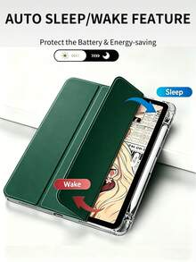 High Transparency Tri-Fold Tablet Protective Case, Compatible With IPad 11 (A16 2025 Model), Multi-Angle Stand, Acrylic Transparent Crystal Back Shell With Pen Slot, Supports Sleep/Wake Function; Compatible With IPad 10th Gen (2022 Model) 11 (A16) 2025 Model, Built-In Camera Lens Protector; Also Compatible With IPad 7th/8th/9th Gen (10.2 Inch), PU Leather Material, Dark Night Green - Dark Green - View 3