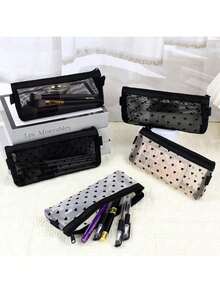 Black Transparent Mesh Makeup Bag, Heart And Polka Dot Pattern, Zippered Slim Makeup Storage Bag, Portable Travel Makeup Organizer, Suitable For Brushes, Lipsticks And Mini Beauty Essentials - Multicolor - View 4